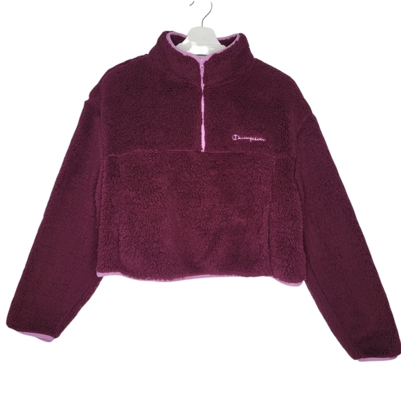 CHAMPION Sweater Quarter Zip Sherpa Crop‎ Purple Teddy Pile Fleece Women's Large - Picture 1 of 15